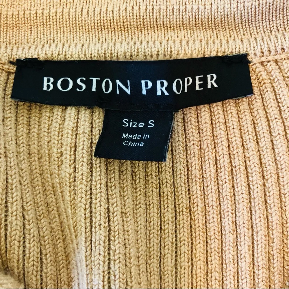 Boston Proper Ribbed Polo Sweater Tan Small Knit Preppy Classic
